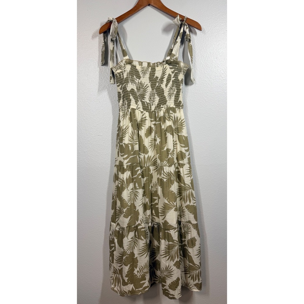 MINE Dress Women's S Olive Green‎ Maxi Tropical Palm Print Tiered Smocked